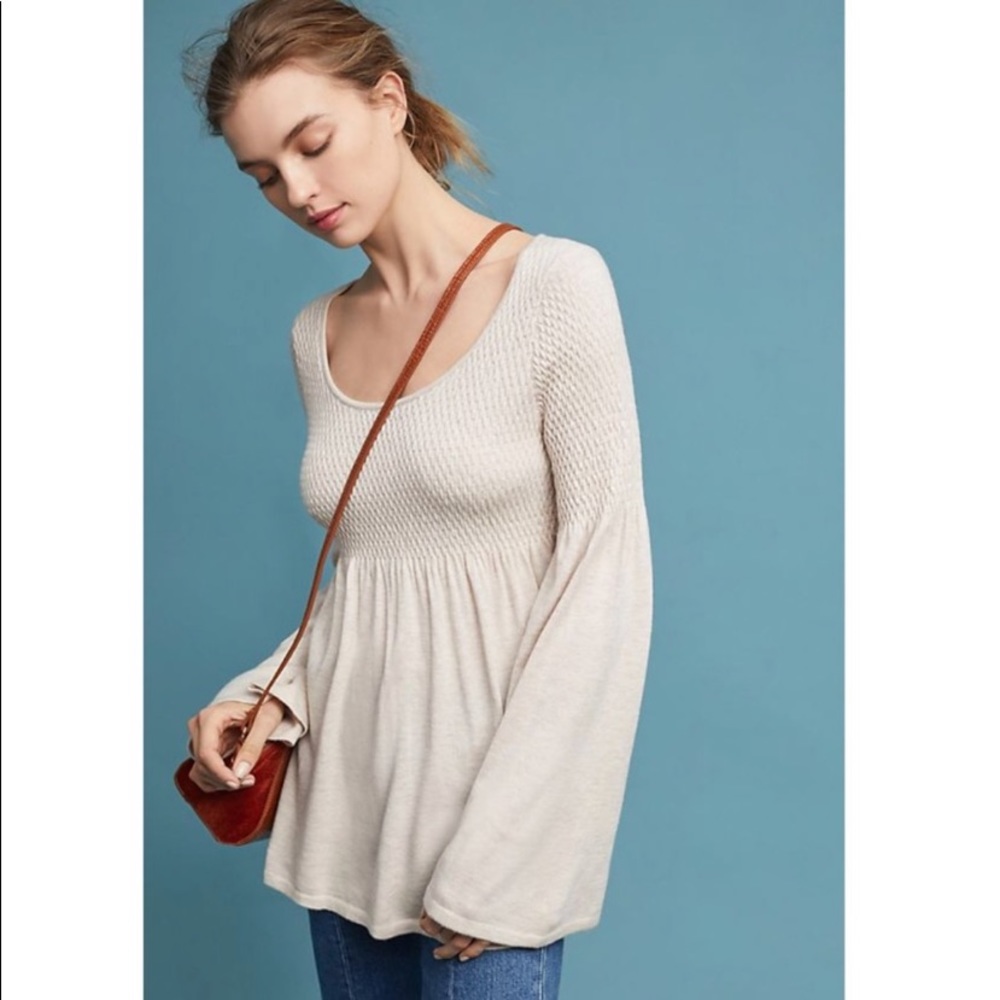 Anthro Knitted & Knotted Oatmeal Wool Blend Balloon Sleeve Babydoll Sweater Top - Picture 3 of 13